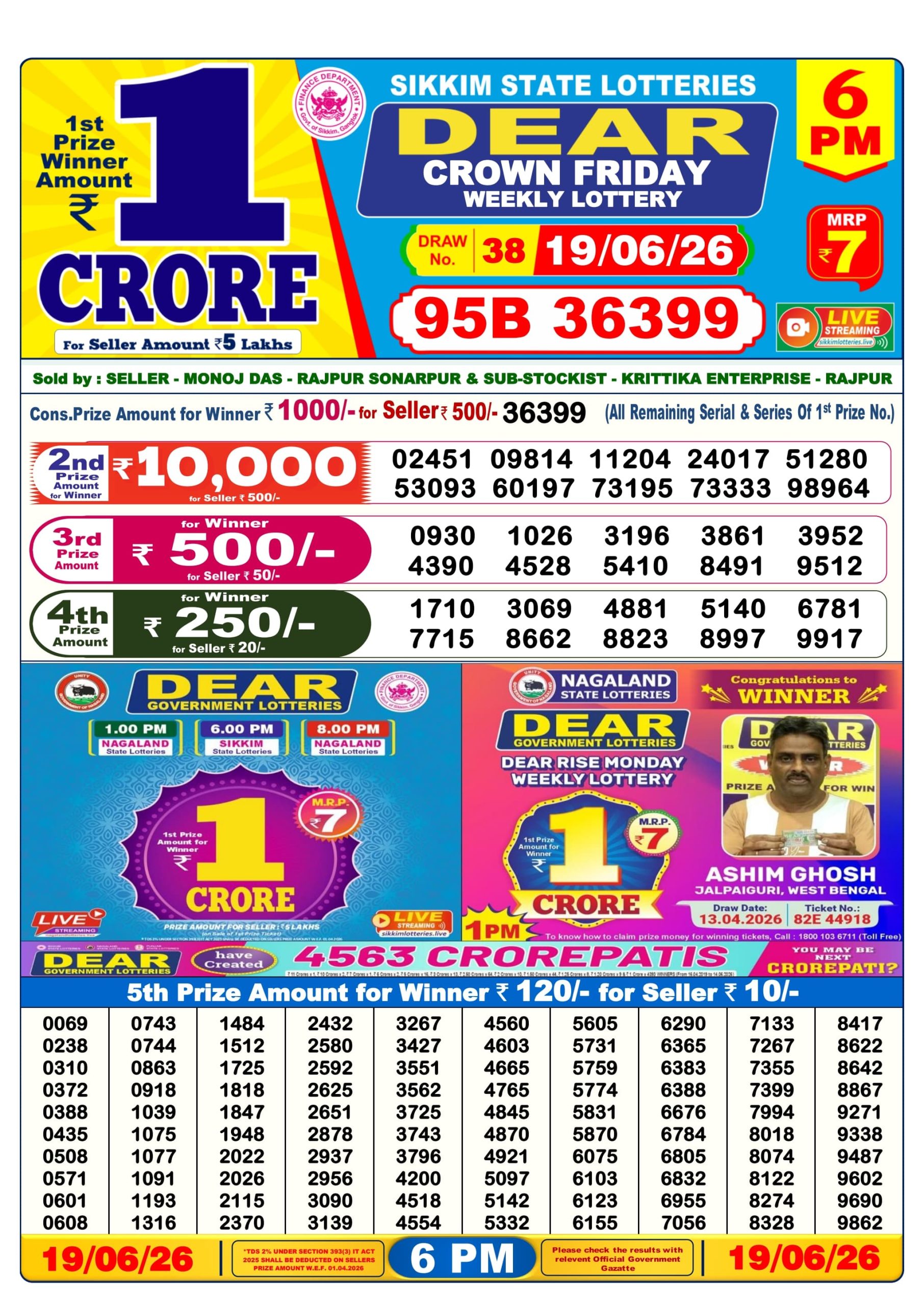 Dear Crown Friday Weekly Lottery Result 6 PM 19/06/26